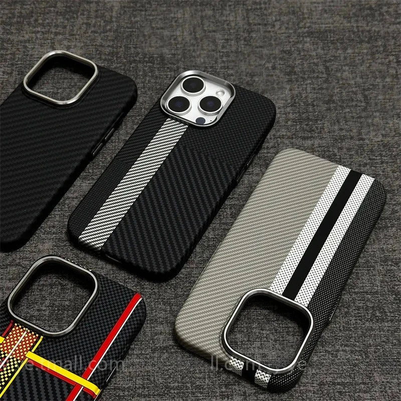 Relief Carbon Fiber MagSafe Case for iPhone 15 Pro Max 16 17 Pro Phone Cover Camera Metal Lens Protective Shell Hard PC Fundas