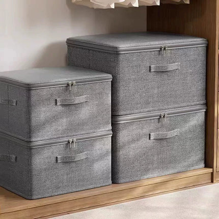 Large capacity OKEYWOW foldable wardrobe storage box with zipper, ideal for organizing clothes in a spacious closet.