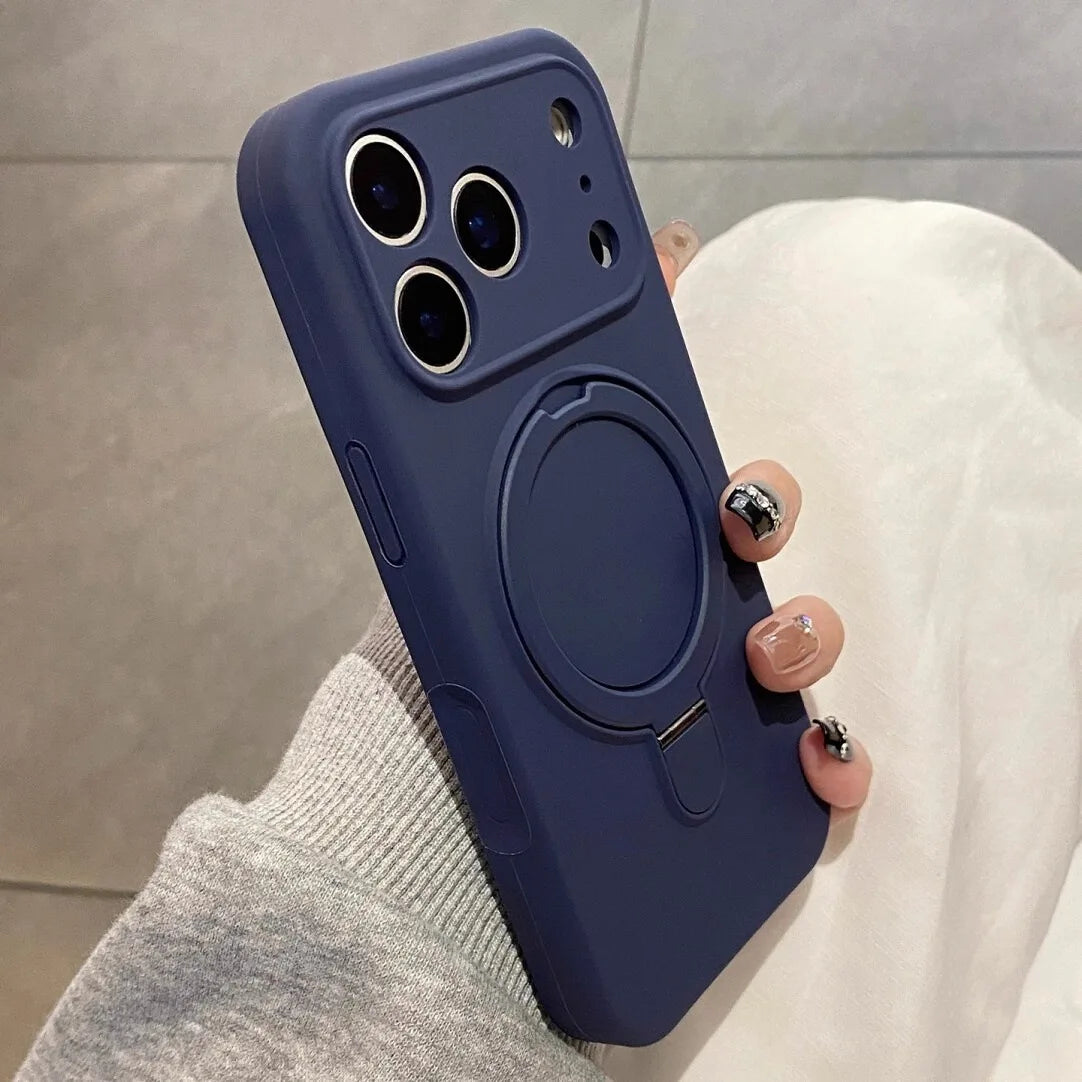 Luxury Magnetic Liquid Silicone Phone Case for iPhone 12–17 Series (Pro/Pro Max/Plus/Air) – MagSafe Holder Stand Soft Cover