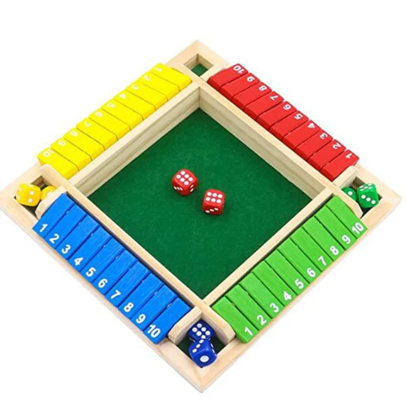 Deluxe Four-Sided Shut The Box Board Game: Set with 10 Numbers and Dice, Ideal for Party Clubs and Drinking Games for Adults and Families