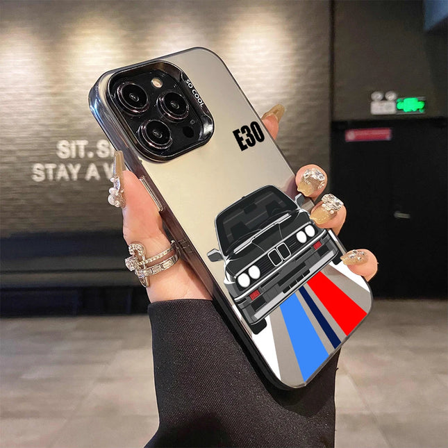 OKEYWOW iPhone E30 car case with laser-etched design, shockproof PC TPU cover for iPhone 11 to 16 Pro Max, XR, XS models