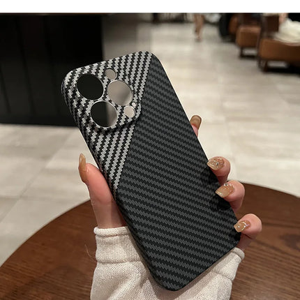 OKEYWOW iPhone carbon fiber case, ultra-thin hard back cover with camera protection for models 11 to 17 Pro Max.