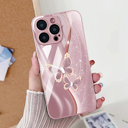 Okeywow iPhone Butterfly Silver Case with tempered glass shockproof cover for iPhone 12 to 17 series, featuring a butterfly design.