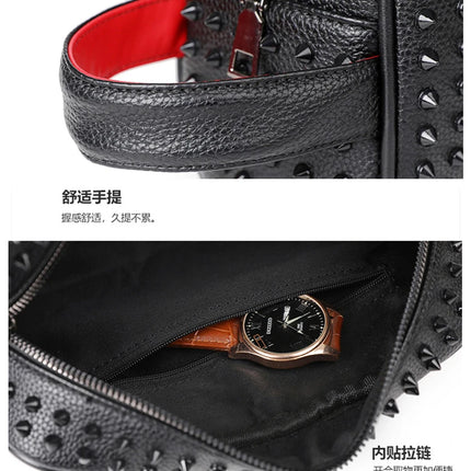 Men's PU leather rivet clutch bag with cyberpunk style, waist wallet and strap, featuring a sleek money bag design by OKEYWOW.