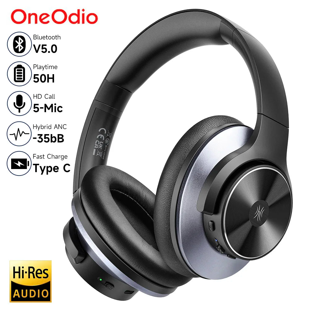 Oneodio A10 Hybrid Active Noise Cancelling Headphones Bluetooth With Hi-Res Audio Over Ear Wireless Headset ANC With Microphone