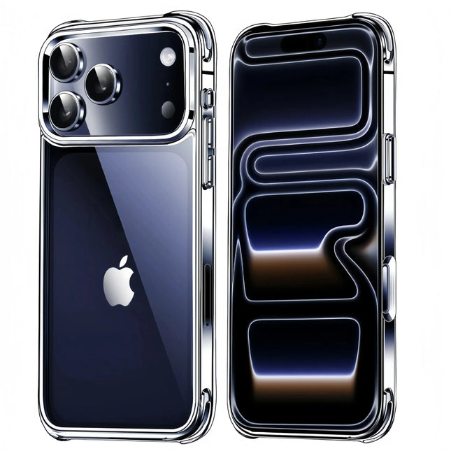Clear shockproof bumper case for iPhone 17 series by OKEYWOW, showing the transparent, anti-yellowing protective cover on a smartphone.