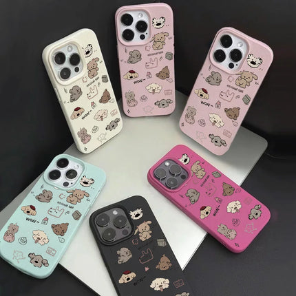 OKEYWOW iPhone cartoon dog soft leather shockproof case for iPhone 11 to 16 Pro Max, featuring a playful dog design.