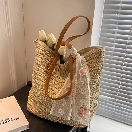 Women Woven Tote Bag Summer Large Capacity Shoulder Handbag Grass Straw Handmade Bag