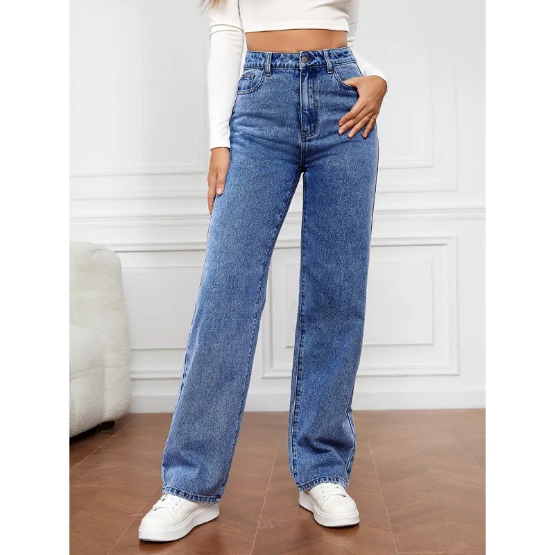 Wepbel Versatile Straight-Leg Denim Trousers Straight Jeans Jeans Stretch Washed Denim Pants Women Summer Fashion Chunky Pants