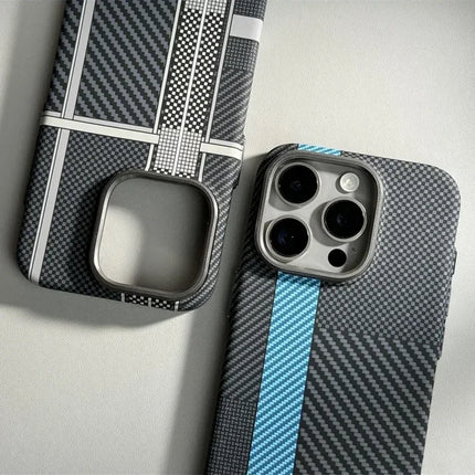 OKEYWOW iPhone 16/15/14 Pro Max carbon fiber geometric MagSafe case with magnetic charging and camera armor protection.