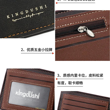 Men’s minimalist bifold wallet by OKEYWOW with zipper coin pocket and multiple card slots, designed for large capacity and sleek style.