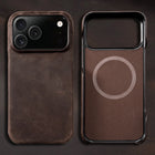 OKEYWOW MagSafe retro genuine leather case for iPhone 15/16/17 series with magnetic pull-up back cover, stylish and protective.