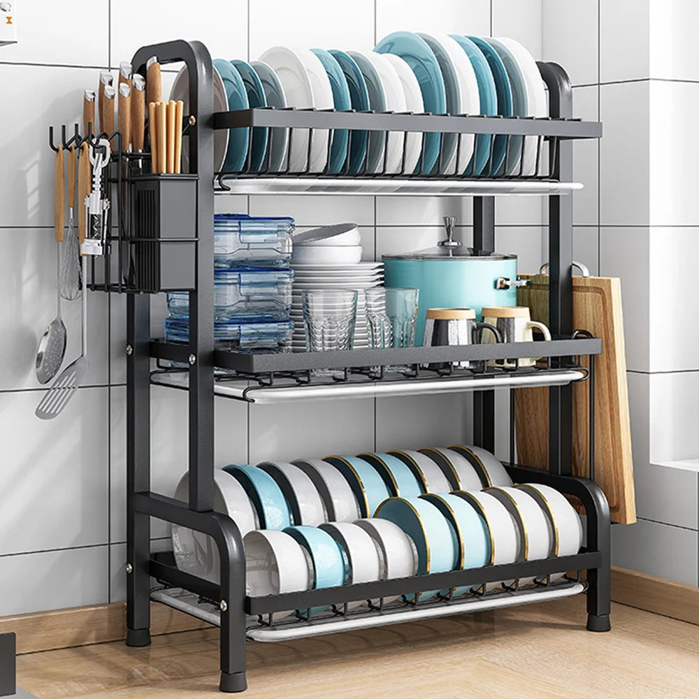 3-Tier Dish Organizer Dish Drying Rack Compact Kitchen Dish Rack Drainboard Set Large Rust-Proof Dish Drainer Kitchen Dish Drain