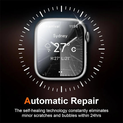 OKEYWOW Apple Watch hydrogel screen protector film for Series 10-5 SE in 49mm to 38mm sizes, showing transparent protective layer on watch face.