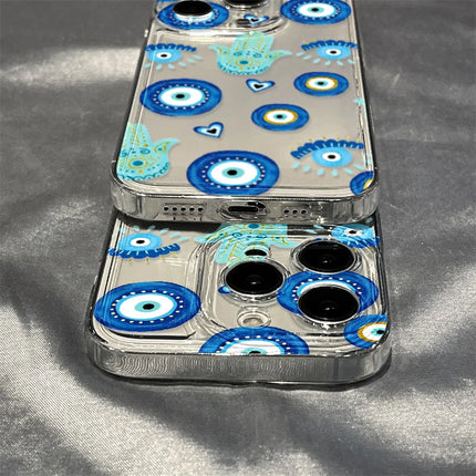 Blue iPhone Evil Eye case by OKEYWOW with lucky eye design, shockproof soft cover for iPhone 15, 14, 13, 12, 11, Pro Max, XR, XS, SE
