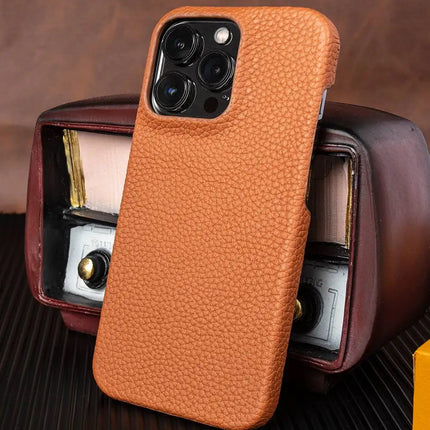 OkeyWOW luxury genuine leather business case for iPhone 15/14/13/12/11 Pro Max, shown in a sleek, professional design.
