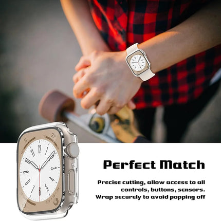 OKEYWOW Apple Watch tempered glass bumper case screen protector for Series 9 to 4 SE, fits 38mm to 45mm models, showing the clear protective edge.
