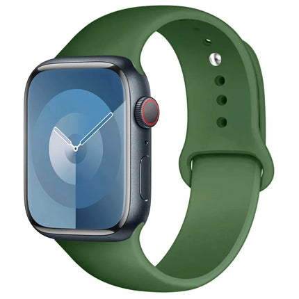 Apple Watch silicone sport band by OKEYWOW for Series 9, Ultra, SE, and 3, 45mm, 44mm, 40mm, 38mm models, shown on watch.