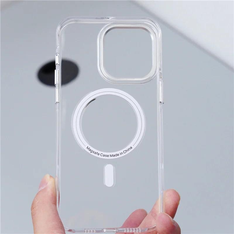 Transparent MagSafe Wireless Charging Case for iPhone 14/15 Pro/16/16 Pro Max – Alloy Lens Clear Shockproof Armor Back Cover