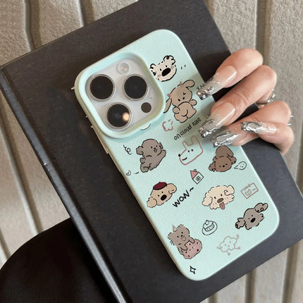 OKEYWOW iPhone cartoon dog case, soft leather shockproof cover for iPhone 11, 12, 13, 14, 15, 16 Pro Max models.