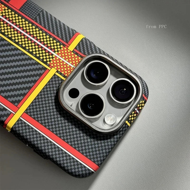 iPhone 16 15 14 Pro Max Case Carbon Fiber Abstract Geometric MagSafe Cover Magnetic Charging Shell Camera Alloy Armor Fundas