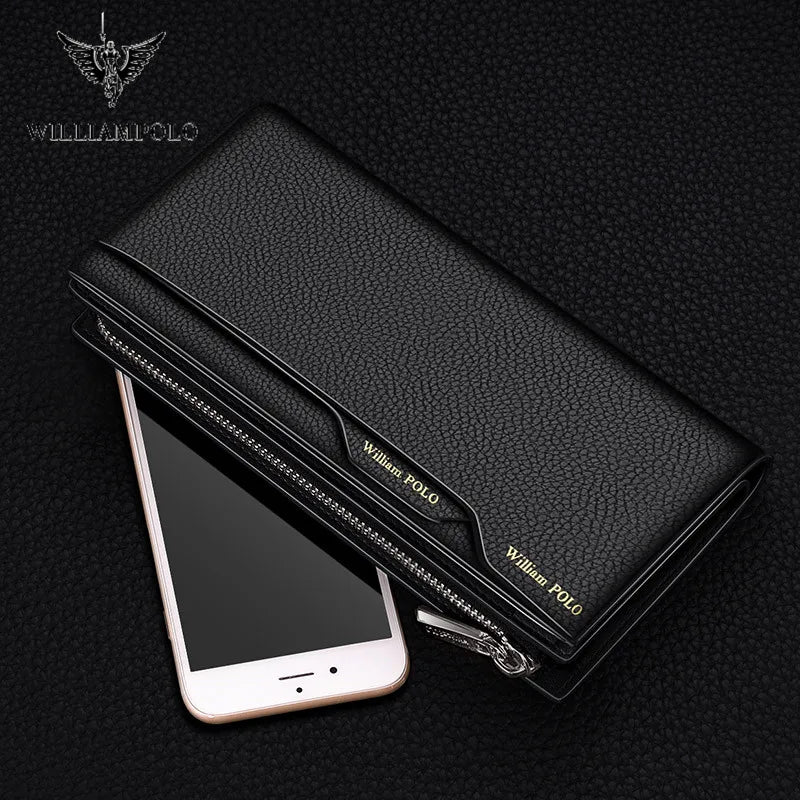 WilliamPOLO Male Genuine Leather Wallets Men Wallet Credit Business Card Holders Fashion Mobile Phone Bag Zipper Purse Handbag
