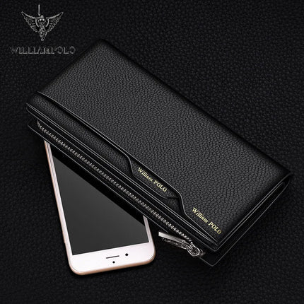 OKEYWOW WilliamPOLO men's genuine leather wallet with zipper, card holder, and phone pocket in a sleek business design.