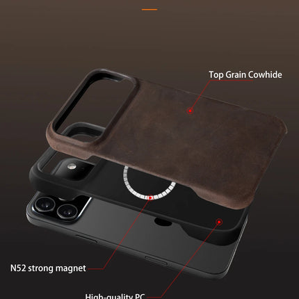 OKEYWOW MagSafe genuine leather case for iPhone 15/16/17 series with pull-up back cover and magnetic design