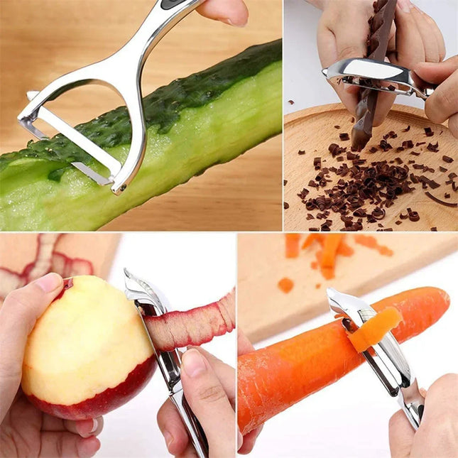 Stainless steel vegetable peeler by OKEYWOW with multifunctional blade for peeling potatoes, carrots, and fruits in kitchen.