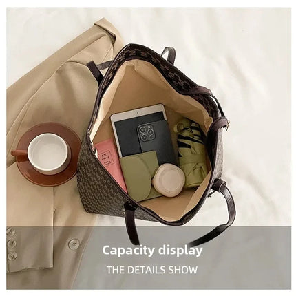 Large capacity luxury shoulder bag by OKEYWOW featuring letter print, tote style, retro design, ideal for commuting.