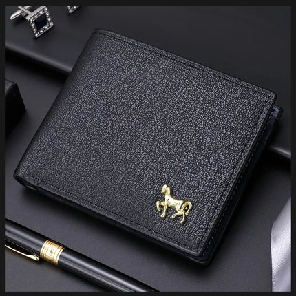 Men's horizontal wallet by OKEYWOW featuring zipper coin pocket and multiple credit card slots, designed for functional business use.