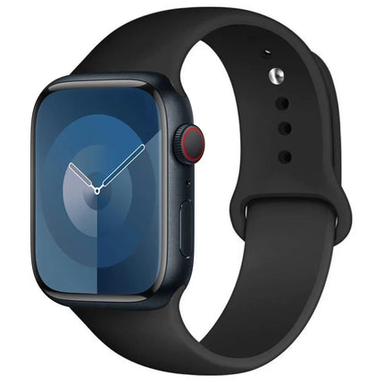 Apple Watch silicone sport band by OKEYWOW, compatible with Series 9 to Ultra 2, 38mm to 49mm, in black with textured design.