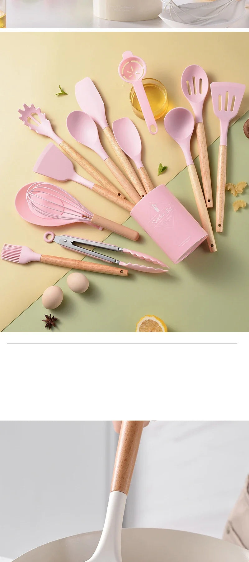 12Pcs Silicone Utensils Set Non-Stick Cookware Spatula Shovel Egg Beaters Wooden Handle Kitchenware Home Kitchen Cooking Tools