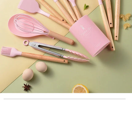 OKEYWOW 12-piece silicone kitchen utensil set with non-stick spatulas and wooden handles for cooking and baking.