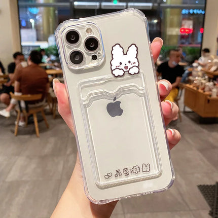 Transparent soft iPhone Bear case with card holder for models 11 to 16/15/14/13/12/XS SE by OKEYWOW, featuring a cute bear design.