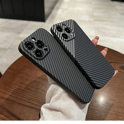 OKEYWOW iPhone carbon fiber case, ultra-thin hard back cover with camera protection for iPhone 11 to 17 Pro Max models.