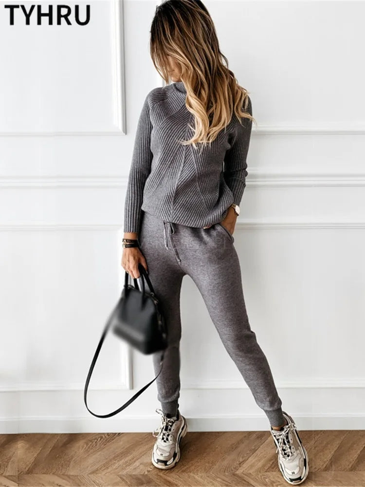 TYHRU Autumn Winter Women's tracksuit Solid Color Striped Turtleneck Sweater and Elastic Trousers Suits Knitted Two Piece Set