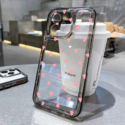 Pink heart-shaped TPU shockproof iPhone case by OKEYWOW for iPhone 11, 12, 13, 14, 15, 16, 17 Pro Max, XR, XS, SE.