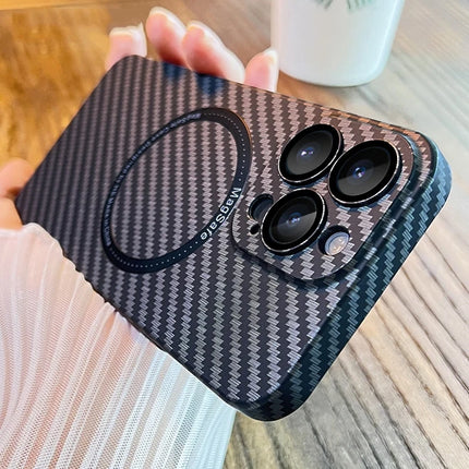 OKEYWOW iPhone carbon fiber case with ultra-thin design and camera protection for models 11 to 17 Pro Max, XR, XS, and 12 to 16.