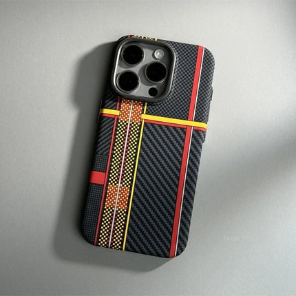 OKEYWOW carbon fiber geometric MagSafe case for iPhone 14/15/16 Pro Max, featuring magnetic charging and camera armor protection.
