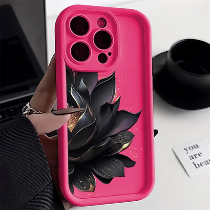 Pink silicone flower iPhone case with shockproof bumper for iPhone 11, 12, 13, 14, 15, 16, 17 Pro Max by OKEYWOW