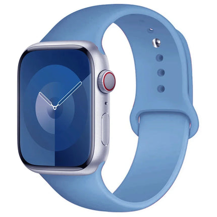 OKEYWOW Apple Watch silicone sport strap for Series 9 to Ultra, 38mm to 49mm, in black with adjustable buckle.