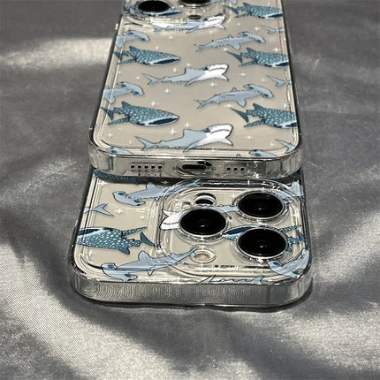 Clear silicone iPhone case with ocean animal design featuring a shark, dolphin, and fish for models 11 to 16 Pro Max, by OKEYWOW.