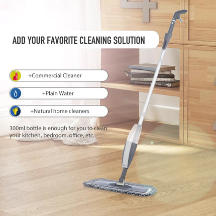 OkeyWOW Magic Spray Mop with wooden handle and microfiber pads, ideal for cleaning hardwood floors in home and kitchen environments.