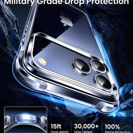 Clear shockproof bumper case for iPhone 17 series by OKEYWOW, showing the transparent, anti-yellowing protective cover on a smartphone.