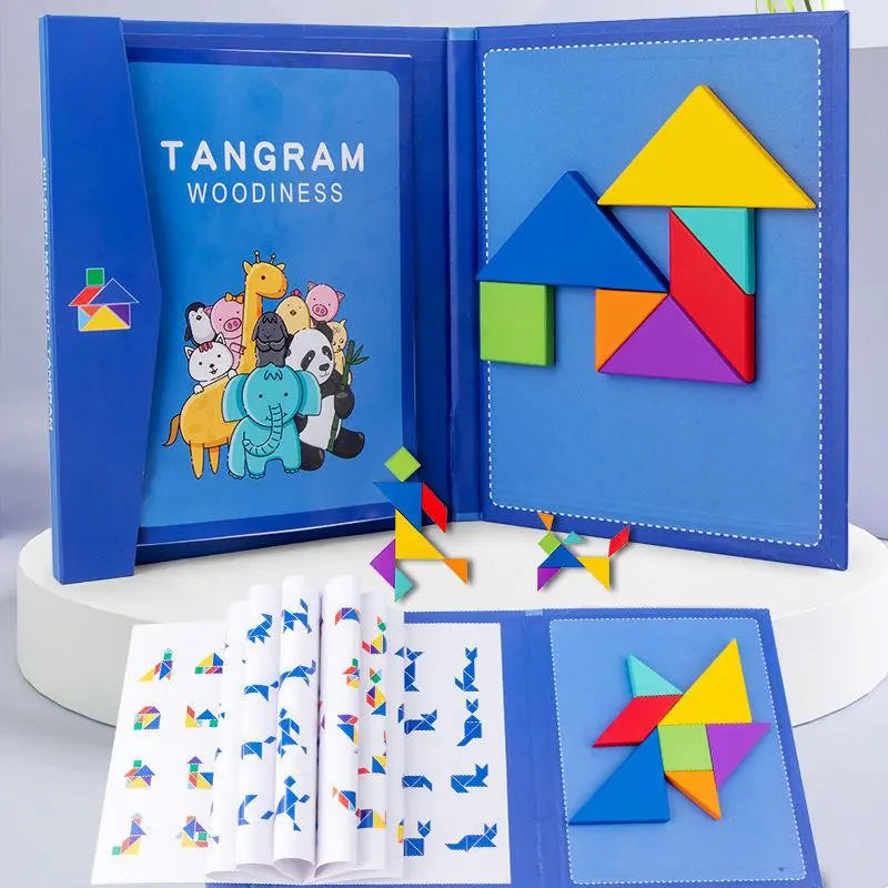 Wooden Jigsaw Magnetic Tangram Puzzle Book: Portable Montessori Educational Toys for Children