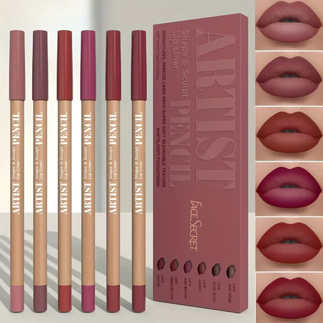 Velora Beauty 6pcs Velvet Matte Lip Liner Set Long Lasting Non Drying Lip Definition Fill Set