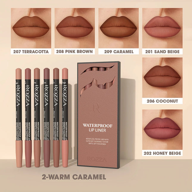 Velora Beauty 6pcs Nude Lip Liner Set Waterproof Matte Finish Non Smudge Smooth Crayon Pencils