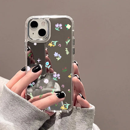 OKEYWOW iPhone flower mirror case with silicone shockproof cover for iPhone 11, 12, 13, 14, 15, 16 Pro Max, XR, XS, SE