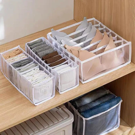 OKEYWOW underwear drawer organizer with storage dividers for bras, jeans, and scarves in a closet or wardrobe.